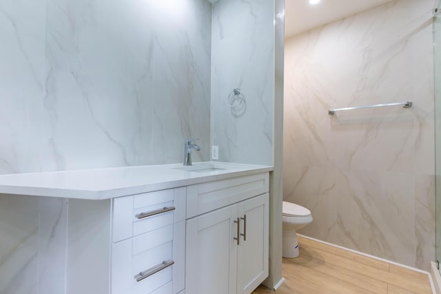 bathroom featuring vanity, toilet, wood-type flooring, and walk in shower