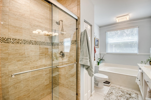 507 Resort Ln, Palm Beach Gardens, FL 33418 - full bath with tile patterned flooring, vanity, toilet, a stall shower, and a bath