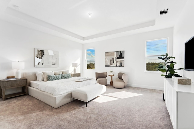 bedroom with a tray ceiling and light colored carpet