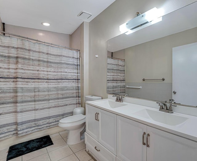 bathroom with walk in shower, tile patterned floors, toilet, a wall mounted air conditioner, and vanity