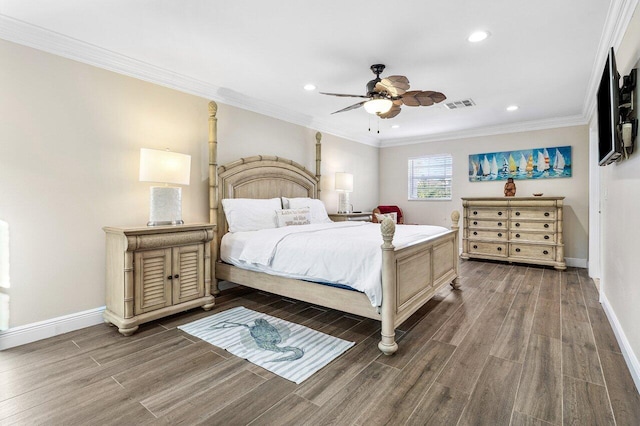 bedroom featuring ornamental molding, ceiling fan, and dark wood-type flooring