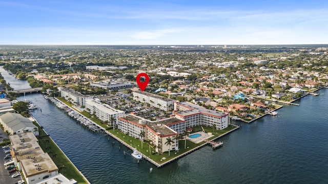 drone / aerial view featuring a water view