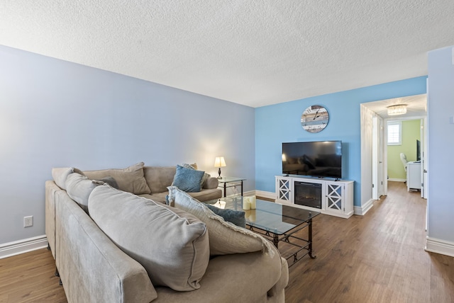 living room featuring hardwood / wood-style floors and a textured ceiling