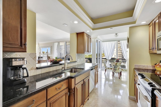 kitchen featuring sink, backsplash, crown molding, a tray ceiling, and appliances with stainless steel finishes