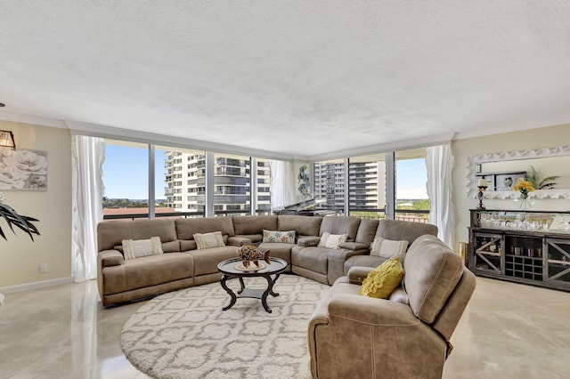 living room featuring plenty of natural light, floor to ceiling windows, ornamental molding, and a textured ceiling