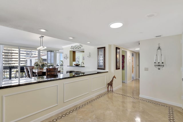 kitchen with hanging light fixtures