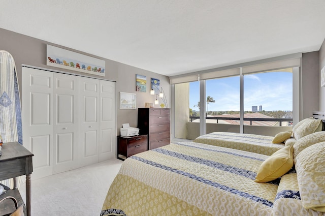 bedroom featuring light carpet, access to outside, and a closet