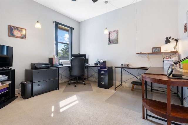 office area featuring ceiling fan and carpet