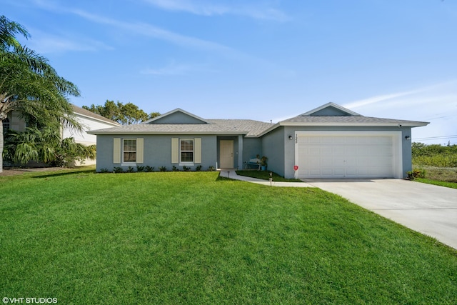 ranch-style house featuring a garage and a front lawn