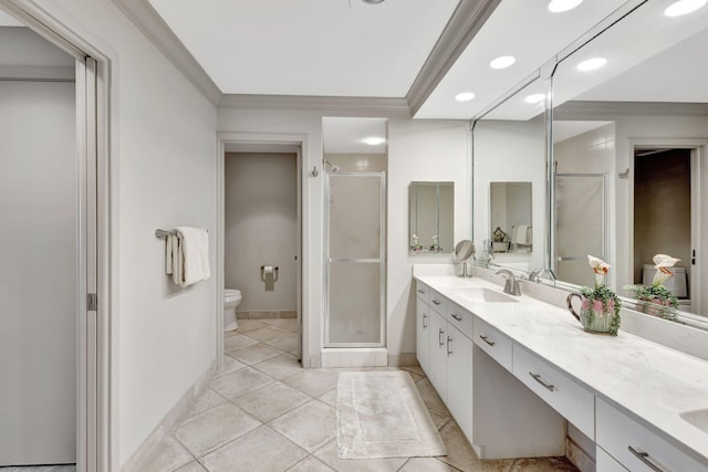 bathroom with walk in shower, tile patterned flooring, crown molding, toilet, and vanity