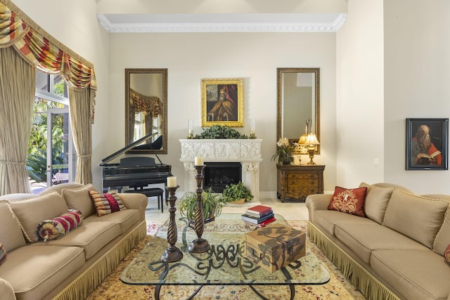 living room with crown molding