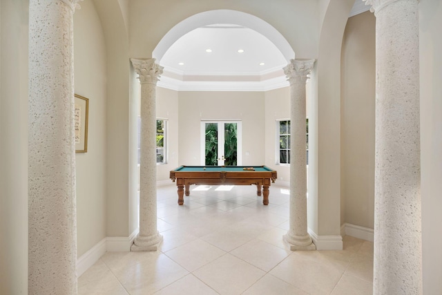 game room featuring decorative columns, ornamental molding, and billiards