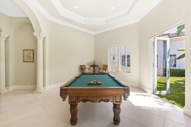 rec room with a raised ceiling, ornate columns, ornamental molding, and pool table