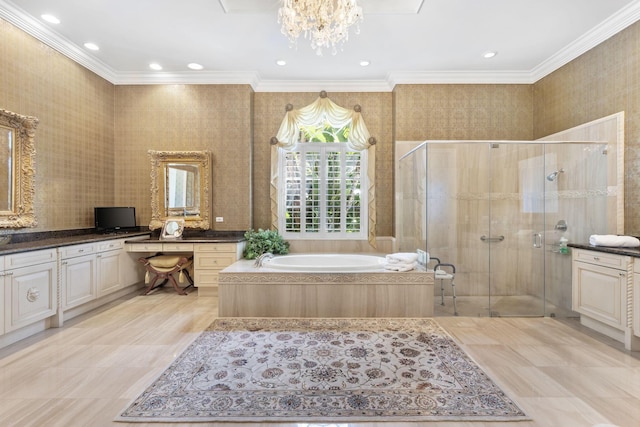 bathroom with crown molding, vanity, and shower with separate bathtub