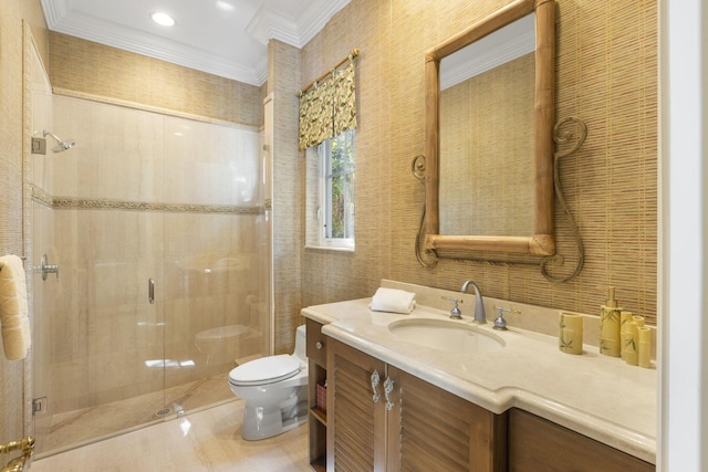 bathroom with vanity, toilet, crown molding, and walk in shower