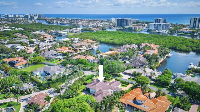 drone / aerial view featuring a water view