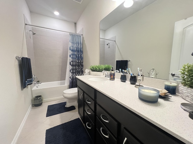 full bathroom featuring tile patterned flooring, shower / bath combo, vanity, and toilet