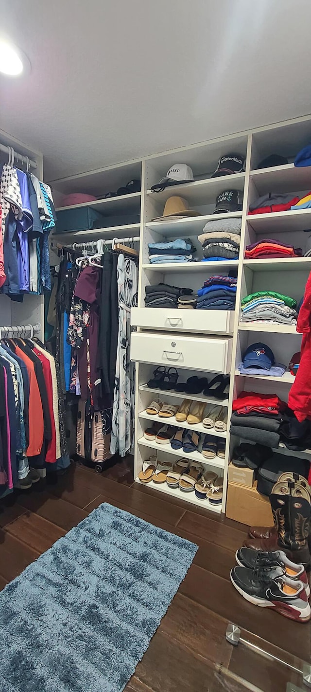 walk in closet with dark hardwood / wood-style floors