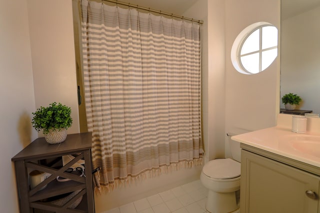 full bathroom with tile patterned floors, vanity, toilet, and shower / bathtub combination with curtain