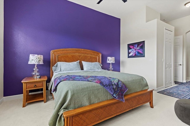 bedroom featuring carpet flooring and ceiling fan