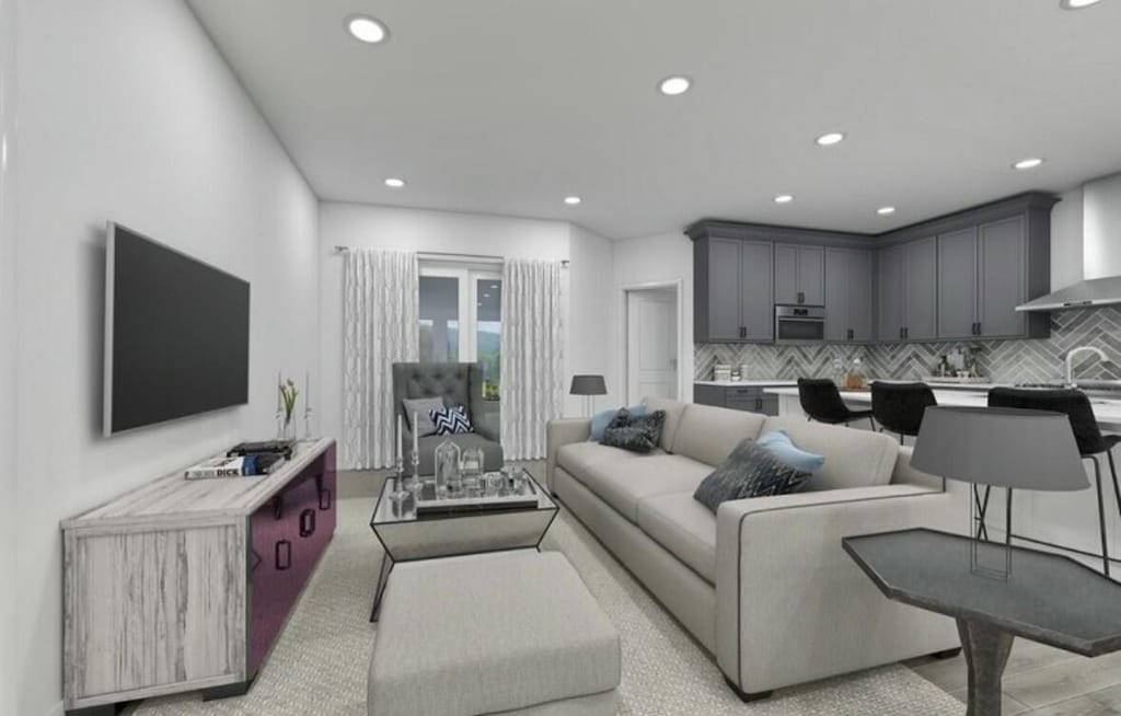 living room with light wood-type flooring and sink