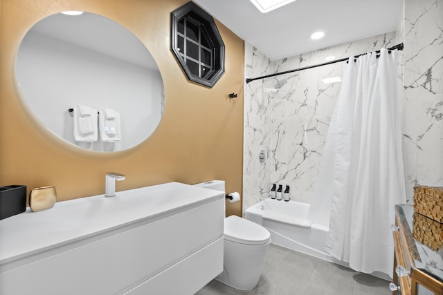 full bathroom featuring toilet, vanity, and shower / bathtub combination with curtain