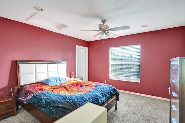 bedroom with ceiling fan and carpet