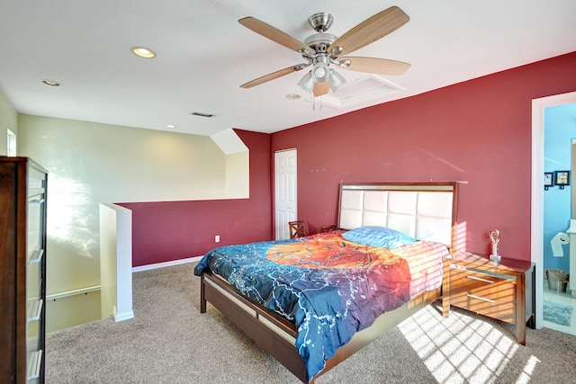 carpeted bedroom with ceiling fan