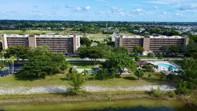 aerial view featuring a water view