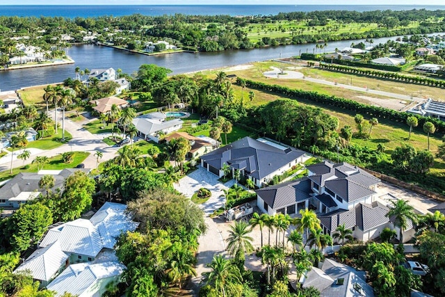 aerial view featuring a water view