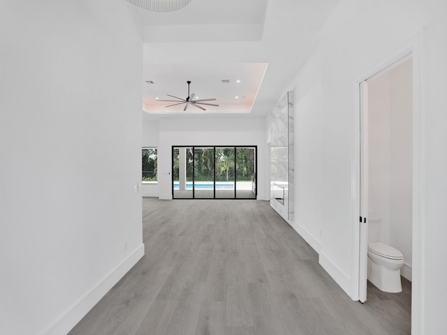 hall featuring a raised ceiling and light hardwood / wood-style flooring