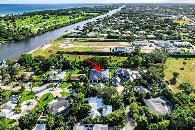 drone / aerial view featuring a water view