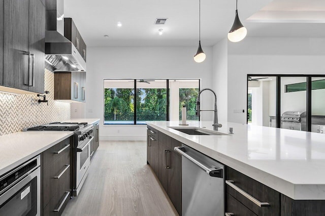 kitchen featuring stainless steel appliances, a kitchen island with sink, wall chimney range hood, sink, and pendant lighting