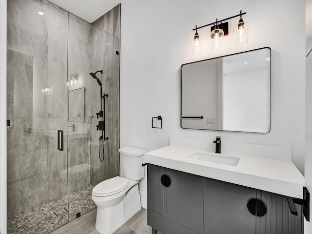 bathroom featuring wood-type flooring, vanity, a shower with shower door, and toilet