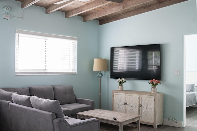 living room with beamed ceiling, plenty of natural light, wood-type flooring, and wooden ceiling