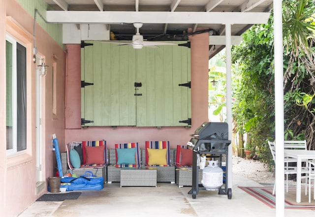 view of patio featuring outdoor lounge area, ceiling fan, and area for grilling