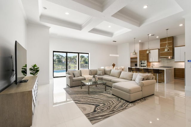 living room with light tile patterned floors, crown molding, coffered ceiling, and beamed ceiling