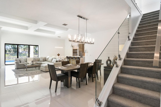 tiled dining space with beam ceiling and coffered ceiling