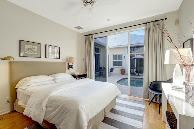 bedroom with ceiling fan, access to exterior, and light wood-type flooring