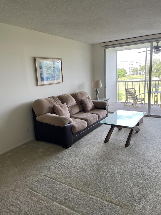 living room with carpet flooring, a textured ceiling, and a wall of windows