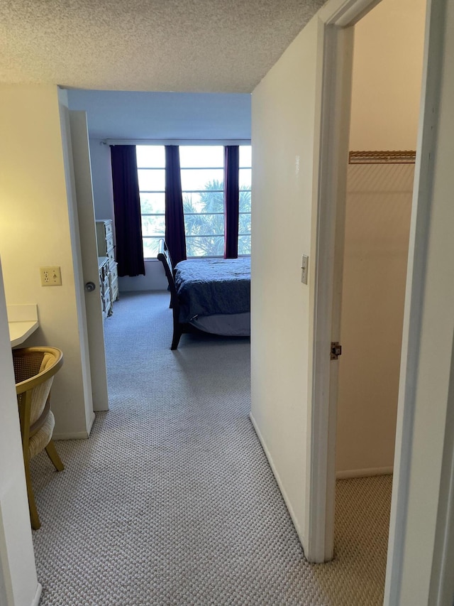 bedroom featuring light carpet, a textured ceiling, and a closet