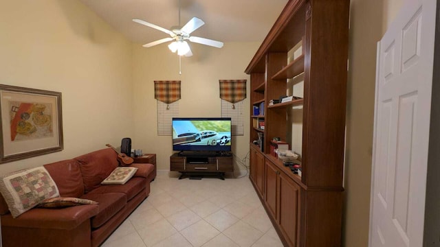 living room featuring vaulted ceiling and ceiling fan