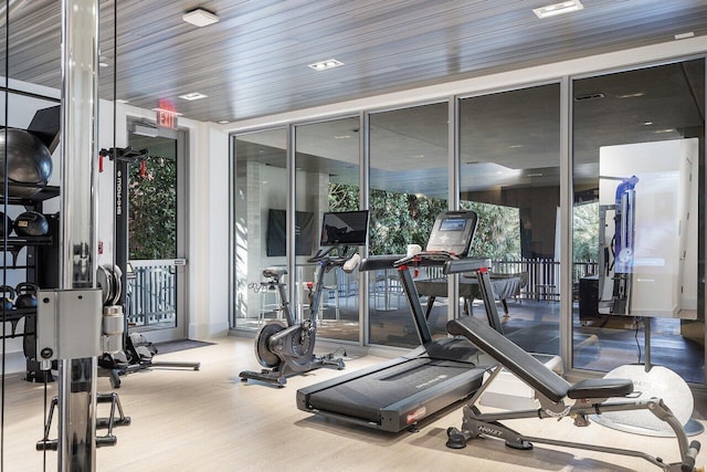 exercise room featuring light hardwood / wood-style flooring