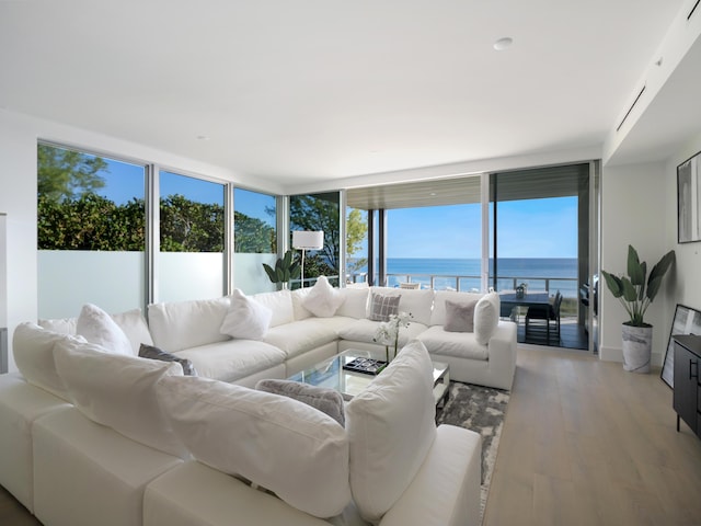 living room featuring light hardwood / wood-style floors, expansive windows, and a water view