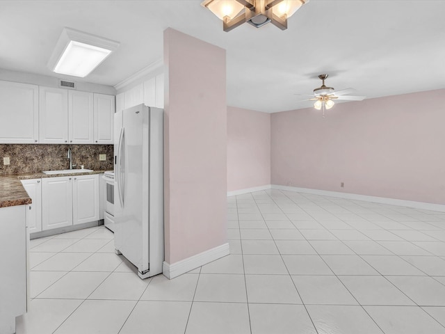 kitchen featuring tasteful backsplash, ceiling fan, sink, white cabinetry, and white fridge with ice dispenser