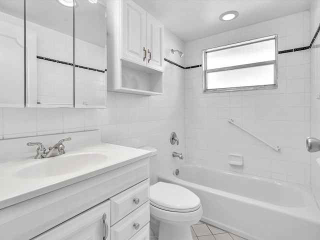 full bathroom with tile patterned flooring, backsplash, toilet, tile walls, and tiled shower / bath