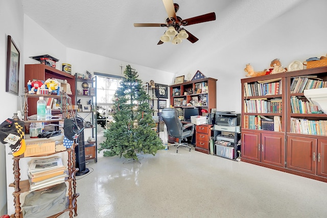 home office featuring ceiling fan and a textured ceiling