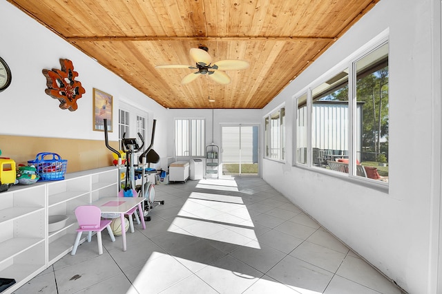 sunroom featuring ceiling fan and wooden ceiling