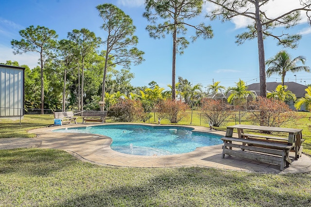 view of swimming pool with a patio area and a lawn