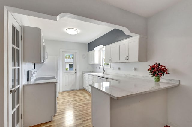 kitchen featuring kitchen peninsula, stove, light wood-type flooring, sink, and white cabinets